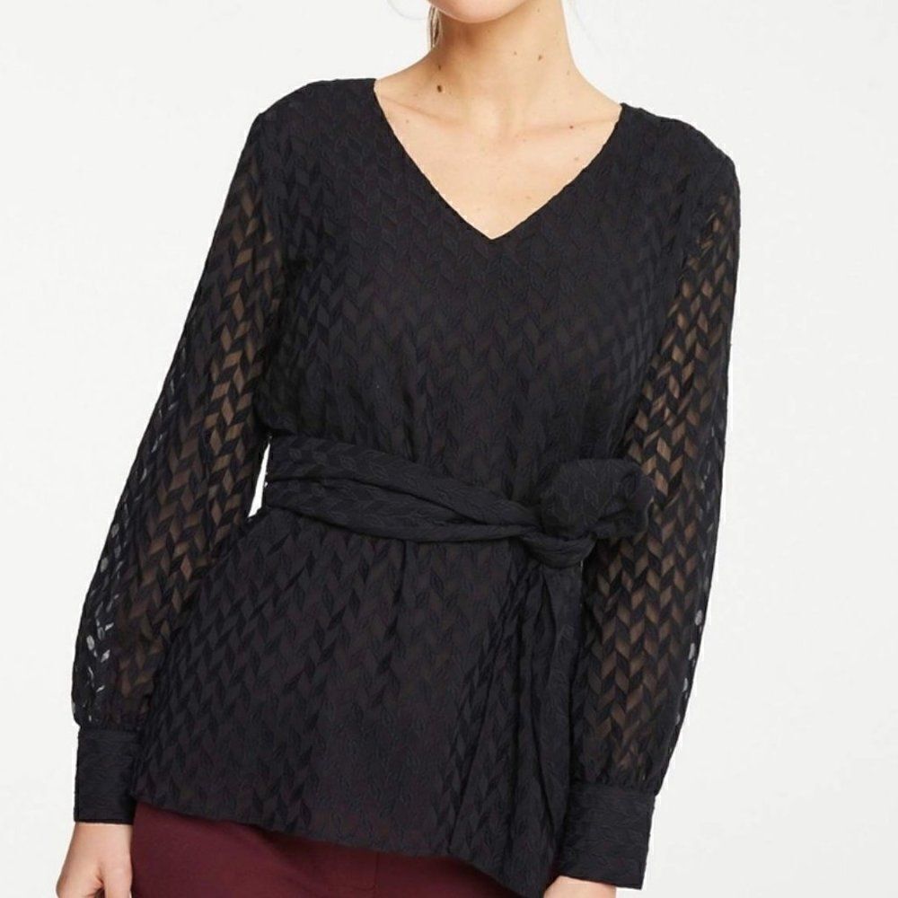 Ann Taylor Black Embroidered Chevron Semi Sheer Long Sleeve Belted Top Medium